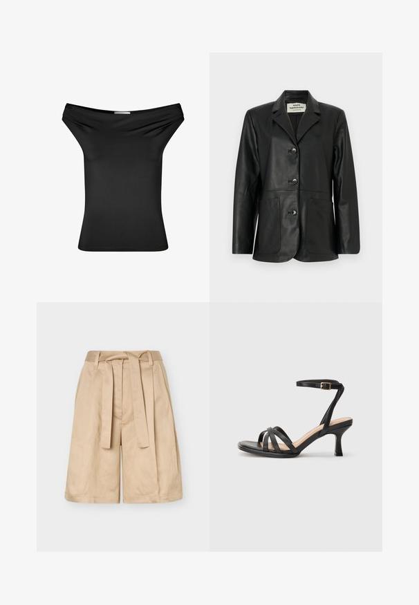 Blazer en cuir noir avec revers crantés, devant à trois boutons, deux grandes poches avant, et manches longues, étiqueté Mads Nørgaard Copenhague.; Top noir décolleté en tissu extensible lisse. Design ajusté avec un col drapé, des manches courtes et un ourlet droit.; Short beige taille haute avec passants pour ceinture, ceinture en tissu à nouer et jambes larges, présenté sur un fond uni.; Sandales à talons noirs avec plusieurs fines lanières sur le bout, une seule lanière à la cheville avec une boucle dorée, et un bout carré.