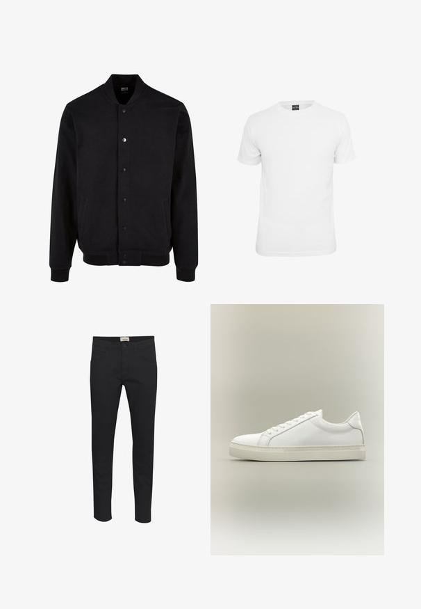 Veste bomber noire en tissu doux avec un design sans col, fermeture à boutons-pression et deux poches latérales. Présente des poignets et un ourlet côtelés.; T-shirt blanche à manches courtes, en coton, avec un col rond et une texture lisse, conçue pour un usage décontracté.; Pantalon noir en tissu solide, avec une coupe standard, un design à cinq poches et une fermeture à bouton. Élégant et polyvalent.; Baskets blanches basses à lacets sur l’avant et semelle épaisse, vues de côté sur un fond neutre.