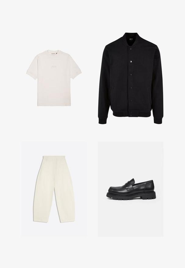 Veste bomber noire en tissu doux avec un design sans col, fermeture à boutons-pression et deux poches latérales. Présente des poignets et un ourlet côtelés.; T-shirt blanc à manches courtes en coton doux, avec un logo de marque subtilement gaufré sur la poitrine et un col rond classique.; Pantalon crème taille haute à jambes larges, avec poches arrière et passants de ceinture, présenté à plat sur un fond clair.; Mocassin en cuir noir avec semelle épaisse crantée et détail de bride penny, présenté en profil droit sur fond blanc.