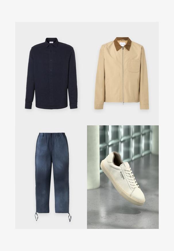 Veste beige à fermeture éclair avec col marron, manches longues, poche poitrine à gauche et deux poches latérales.; Chemise bleu marine à manches longues avec boutons, col, tissu texturé et poignets standards, présentée sur un fond blanc uni.; Pantalons bleu marine avec cordon de serrage et taille élastique, deux poches latérales et liens aux chevilles présentés sur fond blanc.; Baskets en toile blanche avec semelle et lacets beige, logo "AllSaints London" sur le côté, flottant au-dessus d'un sol gris poli près de blocs de verre.