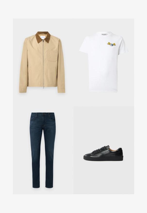 Chaqueta beige con cremallera, cuello marrón, mangas largas, bolsillo en el pecho a la izquierda y dos bolsillos laterales.; Camiseta blanca de manga corta con un pequeño gráfico de un globo ocular azul con alas amarillas en el pecho izquierdo y el logo "Von Dutch" en el interior del cuello.; Jeans oscuros de corte slim con cinco bolsillos, cierre frontal de botón y cremallera, exhibidos sobre un fondo blanco.; Zapatilla negra de cuero con una textura suave, puntera redonda y cierre de cordones. Presenta una suela de goma gruesa y un detalle de marca mínimo.