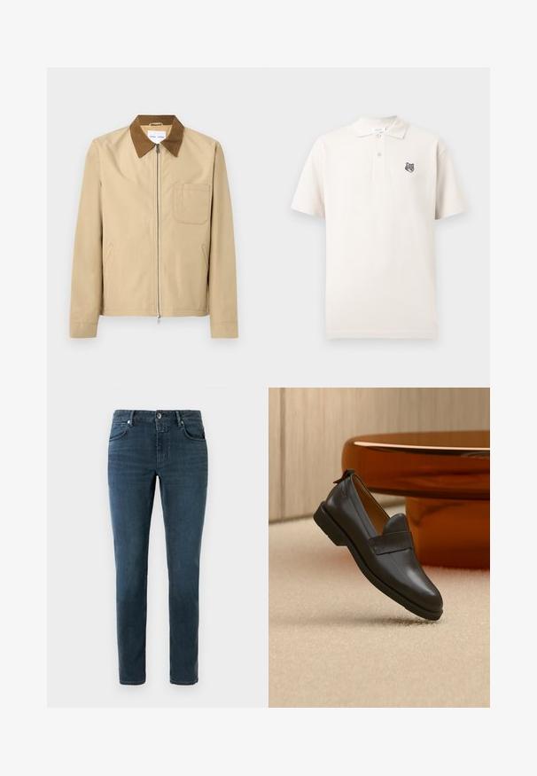 Veste beige à fermeture éclair avec col marron, manches longues, poche poitrine à gauche et deux poches latérales.; Polo crème à manches courtes avec deux boutons et une petite tête de loup brodée sur le côté gauche de la poitrine.; Jeans bleu foncé à coupe slim, design à cinq poches et fermeture à bouton. Fabriqués en denim avec une texture lisse et un léger délavage.; Mocassin en cuir noir à talon bas flottant au-dessus d'un tapis beige, à côté d'une table brillante couleur ambre dans une pièce minimaliste.