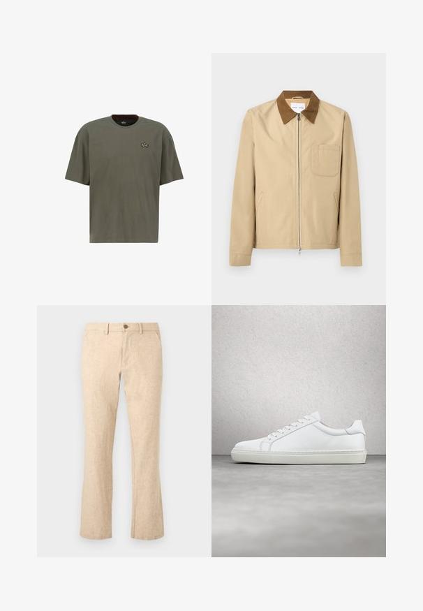 Beige lynlåstrøje med brun krave, lange ærmer, brystlomme på venstre side og to sidelommer.; Olivengrøn kortærmet T-shirt lavet af bomuld, med en rund halsudskæring og et lille guldbroderet logo på venstre bryst.; Beige lige-lange hørbukser med knap- og lynlås lukning, bæltestropper og forlommer på hvid baggrund.; Hvide sneakers med en glat læderoverdel og lav profil. Har en rund tå, seks snørehuller og en tekstureret gummisål.