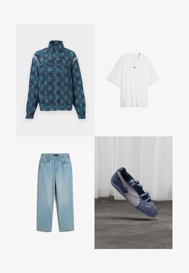 Blauw-zwart geruite jas met rits, hoge kraag, lange mouwen, elastische zoom en reflecterende patches op de bovenarmen.; Wit oversized T-shirt met korte mouwen en een klein zwart Puma-logo midden op de borst.; Vans CINCHED CHECK - Baggy jeans - light stonewash; Blauwe en grijze Puma platte schoen met drie elastische bandjes, een gestructureerd zijpaneel en een wit Puma-logo, zwevend boven een betonnen vloer.