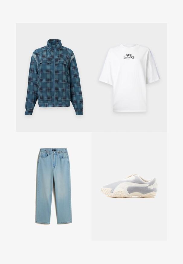 Blå og sort ternet lynlåsjakke med høj krave, lange ærmer, elastisk kant og reflekterende pletter på overarmene.; Hvid bomulds-T-shirt med rund hals, løs pasform og korte ærmer. Har sort "NEW BALANCE"-logo i midten. Enkelt design.; Vans CINCHED CHECK - Baggy jeans - light stonewash; Sportsko i lys grå ruskind med hvide læderdetaljer. Har en tekstureret sål med små pigge for bedre greb. Slip-on design.