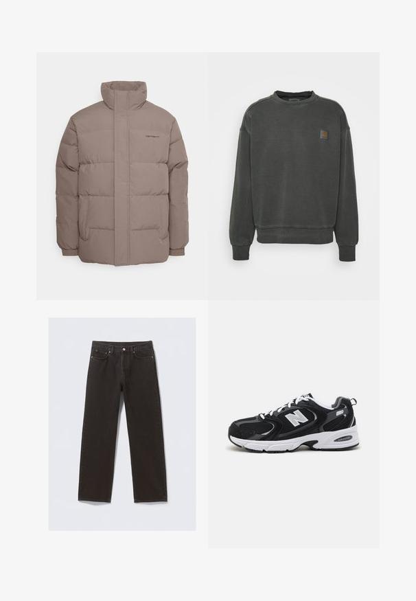 Puffjakke, lys brun farve, lavet af glat stof, har en høj krave, to sidelommer og subtile stikninger.; Carhartt WIP NELSON - Sweatshirt - black garment dyed; Svarte denimjeans med straight-leg design, fem lommer og kobberfarvet syning. Glat tekstur, klassisk knaplukning i taljen.; Sorte og grå sportssko med mesh og ruskind på overdelen, der har en hvid mellemsål, snørebånd og et iøjnefaldende "N" logo på siden.