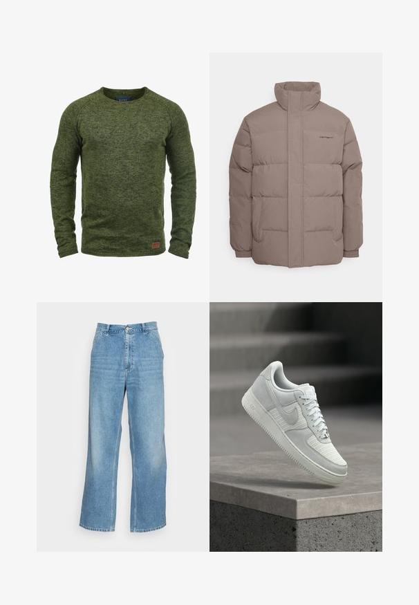 Chaqueta tipo puff, color marrón claro, fabricada con tela suave, presenta un cuello alto, dos bolsillos laterales y detalles de costura sutiles.; Suéter verde hecho de tejido de punto texturizado, con cuello redondo, mangas largas y un pequeño parche de logo marrón en la parte inferior delantera.; Vaqueros de pierna ancha de color azul claro, confeccionados en denim. Presentan una cintura alta, cierre de botón y un diseño estándar de cinco bolsillos. Textura suave.; Zapatilla Nike Air Force 1 blanca con paneles de malla y cuero, cordones atados, flotando sobre un bordillo de hormigón frente a un fondo de escaleras desenfocado.