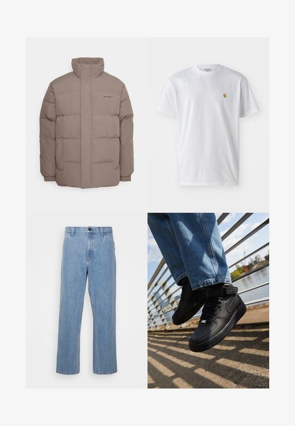 Pufferjack, lichtbruine kleur, gemaakt van gladde stof, heeft een hoge kraag, twee zijzakken en subtiele stikdetails.; Witte katoenen t-shirt met korte mouwen en ronde hals, voorzien van een klein gouden logo op de linkerkant van de borst. Zachte textuur en een normale pasvorm.; Lichtblauwe denim jeans met een rechte pijp, voorzien van een knoopsluiting en riemlussen. De stof heeft een subtiele vervaagde textuur.; Zwarte Nike Air Force 1 sneakers met leren bovenkant, mesh tong en rubberen zool, met een high-top ontwerp en dikke veters.