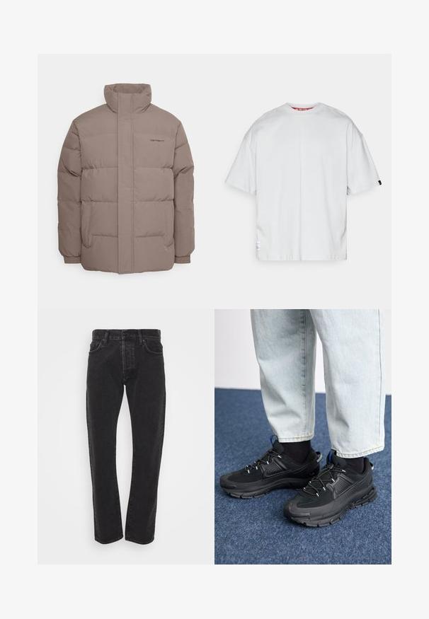 Pufferjack, lichtbruine kleur, gemaakt van gladde stof, heeft een hoge kraag, twee zijzakken en subtiele stikdetails.; Effen wit oversized T-shirt met korte mouwen en ronde hals, voorzien van kleine stoffen labels aan de linkeronderzoom en de rechtermouw.; Zwarte rechte spijkerbroek voor heren met een knoop en rits aan de voorkant, vijf zakken en riemlussen op een witte achtergrond.; Zwarte sportschoenen met gestructureerde stof en rubberen zolen, met elastische veters en een blauwe accent op de hiel. Draag samen met lichte spijkerbroeken.