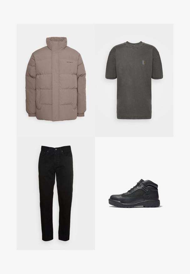 Puffjacke in hellbrauner Farbe, aus glattem Stoff, mit hohem Kragen, zwei Seitentaschen und dezenten Nähten.; Carhartt WIP NELSON - T-Shirt basic - black garment dyed; Schwarze Slim-Fit-Jeans mit vorderem Knopfverschluss und fünf Taschen-Design, vor einem schlichten hellgrauen Hintergrund präsentiert.; Schwarze Wanderstiefel aus Leder und Mesh, mit gepolstertem Kragen, Schnürverschluss, Gummisohle mit Profil und geprägtem Logo.