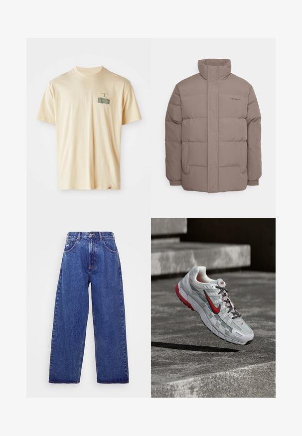 Pufferjack, lichtbruine kleur, gemaakt van gladde stof, heeft een hoge kraag, twee zijzakken en subtiele stikdetails.; Crème kleurige katoenen t-shirt met een ronde halslijn, korte mouwen en een grafische print op de linkerkant van de borst die een vintage televisie afbeeldt.; Wijd gesneden, blauwe denim jeans met een hoge taille, voorzien van vijf zakken, een knoopsluiting en subtiele vervaging voor textuur.; Witte en grijze Nike hardloopschoen met rode accenten en zwarte veters, hangend boven grijze betonnen treden.