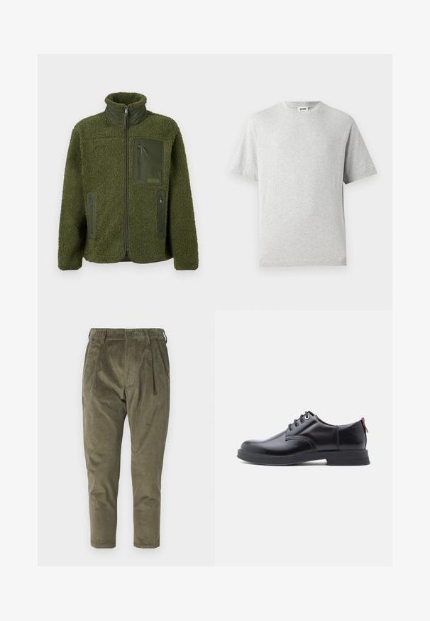 Grøn fleecejakke med høj krave, tekstureret overflade, lynlåslomme på brystet og sidelommer. Har en lige pasform og ensfarvet design.; Grå kortærmet t-shirt lavet af blødt stof. Har rund hals, afslappet pasform og ingen mønstre eller logoer. Glat tekstur hele vejen igennem.; Olivengrønne fløjlsbukser med afslappet pasform, der har folder, elastisk talje og tapered ben. Struktureret stof med lodrette ribber.; Sorte snørestøvler i læder med glat tekstur, rundet tå og diskrete syningsdetaljer. Har en rød trækflig på hælen.