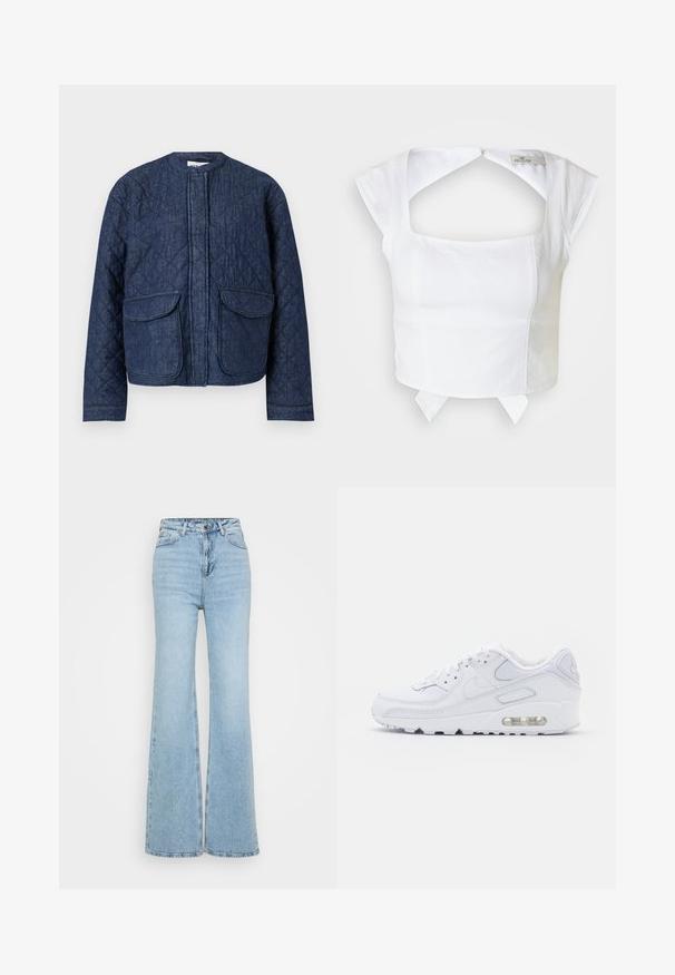 Quiltet denimjakke i mørkeblå. Har en rund hals, frontlynlås og to store klaplommer. Glat tekstur med synlige sømme.; Hvid struktureret cropped top med firkantet udskæring, korte cap ærmer og udskæring på ryggen. Har en justerbar snøre detalje i kanten.; Lyseblå vide jeans lavet af denim, med høj talje, fem-lomme design og en rå kant forneden. Teksturen er let slidt.; Nike Sportswear AIR MAX 90 - Sneakers - white/metallic gold