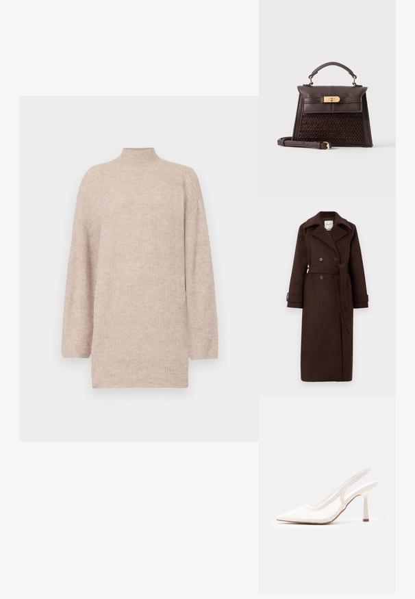 Brun uld trench coat med dobbeltradet front, stor krave og bælte i taljen. Har to knapper og foldede manchetter.; Beige højhalset sweater med faldende skuldre, lavet af ribbet strikmateriale. Løs pasform med lange ærmer og en blød tekstur.; Hvid spids tå slingback højhælet sko med blonder og meshoverdel samt slank hæl på enkel lys grå baggrund.; Mørkebrunt læder håndtaske med top håndtag, vævet frontpanel, gyldent twist-lås spænde og aftagelig skulderrem på ensfarvet baggrund.