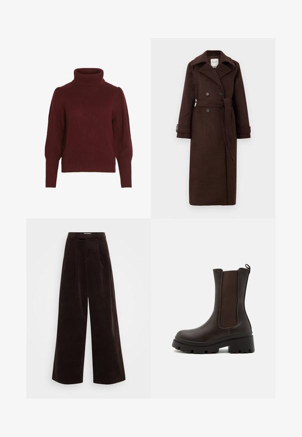 Manteau en laine marron avec un devant croisé, un grand col et une taille ceinturée. Il présente deux boutons et des poignets repliés.; Pull en tricot bordeaux avec un col montant, texture côtelée, manches longues et détails froncés sur les épaules.; ONLY Tall ONLSVEA NESSA CORD WIDE - Pantalon classique - seal brown; Bottines en cuir marron avec des panneaux latéraux élastiques, semelles en caoutchouc épaisses et une languette à l'arrière. Fini texturé. Design robuste.