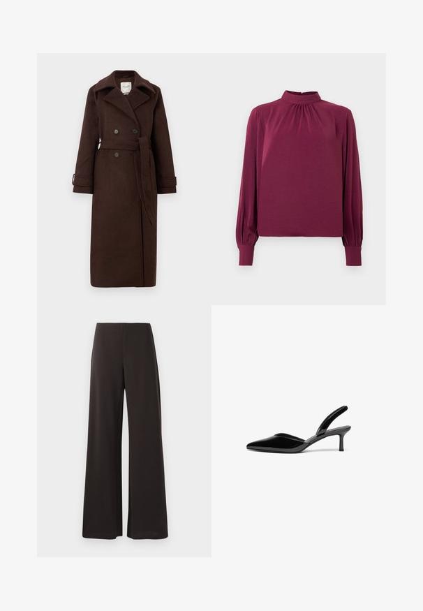 Brun uld trench coat med dobbeltradet front, stor krave og bælte i taljen. Har to knapper og foldede manchetter.; Langærmet bluse med høj hals i mørk burgunder stof; har samlingdetaljer ved halsudskæringen og tætsiddende manchetter. Glat tekstur.; Sorte breddebenbukser lavet af glat, strækbart stof. Har en høj talje og et rent, minimalistisk design uden synlige lukninger.; Sorte patentlæder slingback hæle med spids tå, lav stiletto hæl og et elegant, enkelt design uden pynt.