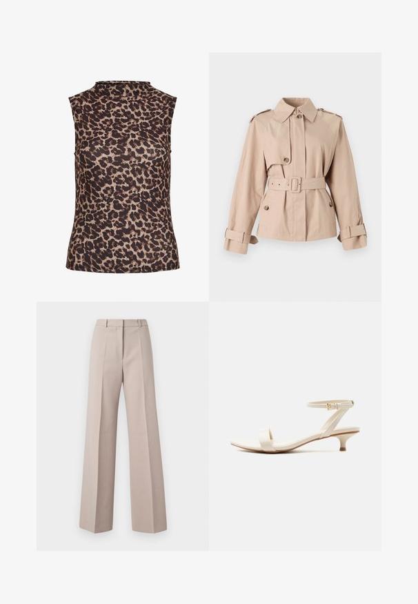 Beige trenchcoat met een tailleband, grote kraag, knopenfront en opgerolde mouwen. Beschikt over schouderepauletten en een gladde stofstructuur.; Mouwloos topje in luipaardprint, met een hoge hals. Gemaakt van een gladde, rekbare stof met een bruin en beige kleurenschema.; Beige wijde broek van een soepele stof, met een hoge taille, voorkreuken en een op maat gemaakte pasvorm.; Beige sandaal met lage hak, voorzien van een enkele teenriem en een verstelbare enkelriem met een kleine gouden gesp, op een witte achtergrond.