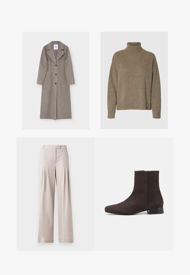 Lange, grijze wollen jas met een reverskraag, lange mouwen, een dubbelgeknoopte voorkant en twee zijzakken. Gladde textuur met zwarte knopen.; Turtlenecktrui in een zachte bruine brei. Heeft brede ribgebreide manchetten en zoom, met een relaxte pasvorm en een gestructureerd oppervlak.; Beige wijde broek met een zachte textuur, geplooide voorkant en een op maat gemaakte tailleband. Geschikt voor formele of casual gelegenheid.; Donkerbruine suède enkellaars met lage blokhak en zijrits, strak afgeronde neus, op een effen lichte achtergrond.