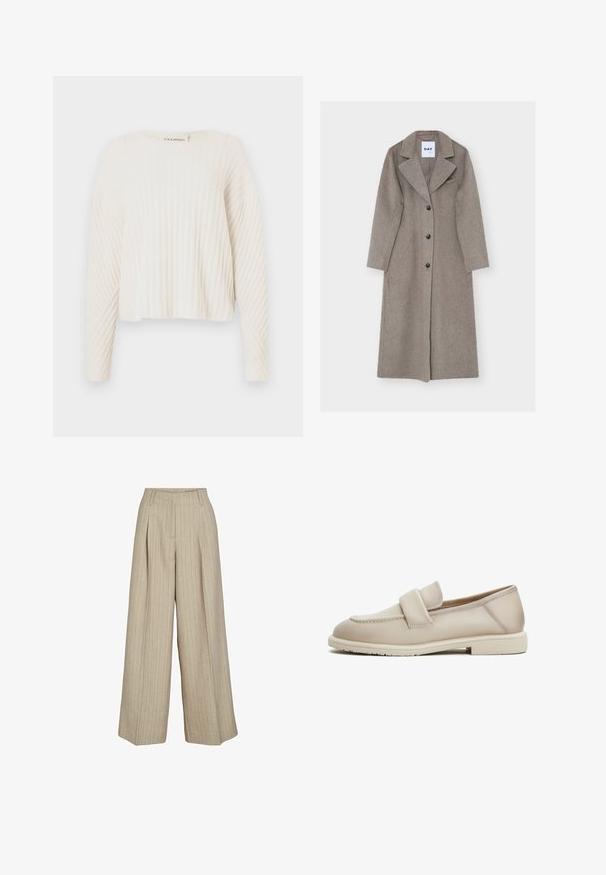 Lang, grå uldfrakke med reverskrave, lange ærmer, dobbeltradet front og to sidelommer. Glat tekstur med sorte knapper.; CLOSED CREW NECK - Striktrøje - ecru; Beige bukser med vide ben og lodrette nålestriber, bæltestropper, forreste læg og en høj talje.; Beige læder loafers med en jævn tekstur, der har et forhøjet bånd over forgabreren og en lav, flad gummisål.