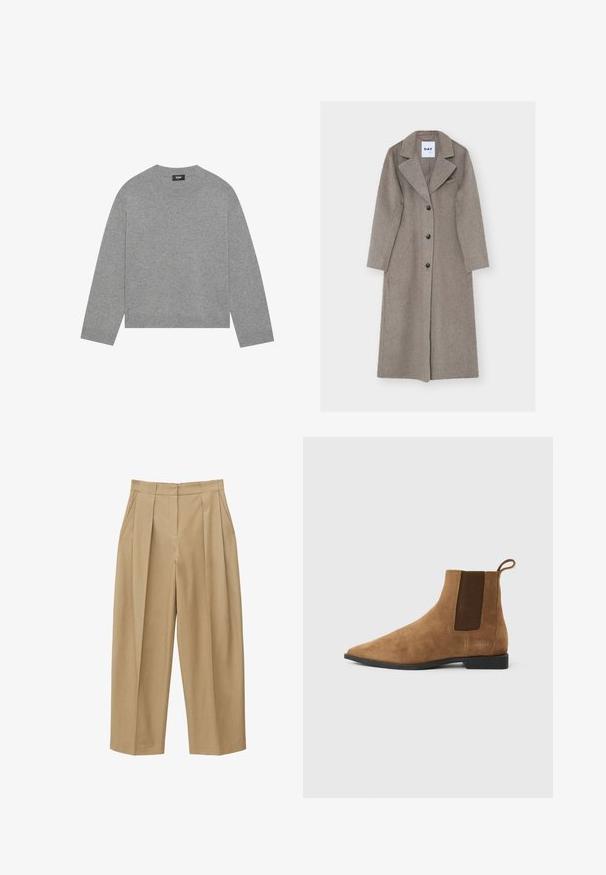 Manteau long en laine grise avec un col cranté, des manches longues, un devant croisé et deux poches latérales. Texture lisse avec des boutons noirs.; Pull en maille gris avec des manches longues, un col rond et un ourlet côtelé. Fabriqué en matériau doux, il présente un design minimaliste sans motifs.; Pantalon beige taille haute à jambes larges avec plis sur le devant, poches latérales et ceinture ajustée avec passants pour ceinture.; Bottine en suède marron avec bout pointu, empiècement élastique sur le côté et petit talon. Dotée d'une languette à l'arrière et d'un marquage discret.