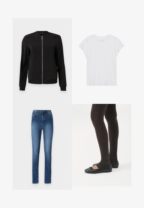 Sort bomberjakke lavet af glat stof, med en frontlinje, ribbede manchetter og sidelommer. Enkel, minimalistisk design uden mønstre.; Hvid kortærmet t-shirt med rund hals, afslappet pasform, lavet af blødt bomuldsstof. Glat tekstur, ingen mønstre eller logoer.; Blå denim jeans med slim fit, der har en mellemhøj talje, fem lommer og diskrete syninger. Glat tekstur og klassisk design.; Ben iført mørke ribbede leggings kombineret med sorte balletsko med små sløjfedetaljer på hvid baggrund.