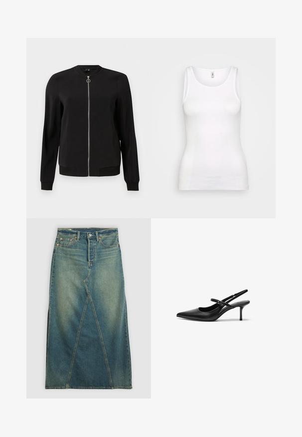 Chaqueta bomber negra hecha de una tela suave, con cremallera frontal, puños acanalados y bolsillos laterales. Diseño simple y minimalista sin patrones.; Top sin mangas blanco de canalé con escote redondo y tirantes anchos, que presenta un ajuste ceñido que se adapta al cuerpo. Sin patrones visibles ni acentos.; Falda de mezclilla de cintura alta, en azul medio. Presenta una costura delantera distintiva, aberturas laterales y diseño de cinco bolsillos estándar.; Zapatos de tacón slingback de cuero negro con punta afilada, correa ajustable delgada y un tacón de aguja de aproximadamente 5 cm, textura suave.