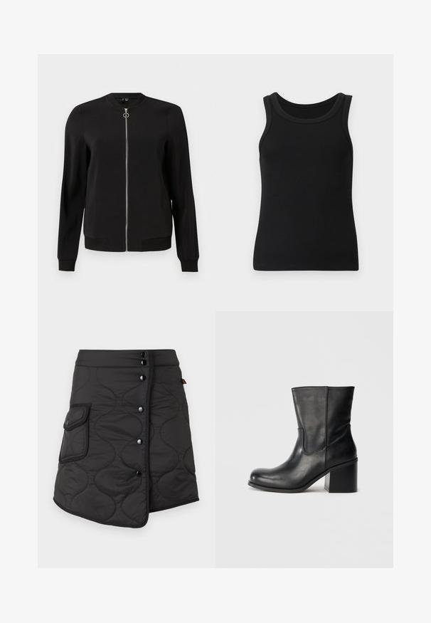 Veste bomber noire en tissu lisse, dotée d'une fermeture éclair à l'avant, de poignets côtelés et de poches latérales. Design simple et minimaliste sans motifs.; Débardeur noir côtelé sans manches avec col rond, design simple, présenté sur un fond clair uni.; Jupe noire matelassée avec un ourlet asymétrique, dotée de cinq boutons foncés et d'une poche latérale avec un détail de rabat arrondi.; Bottine en cuir noir à bout rond, détails de coutures latérales et talon bloc épais. Texture lisse et design minimaliste.