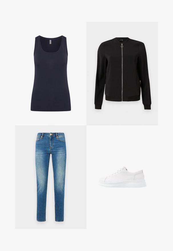 Schwarze Bomberjacke aus glattem Stoff, mit einem Frontreißverschluss, gerippten Bündchen und seitlichen Taschen. Einfaches, minimalistisches Design ohne Muster.; Marineblaue Tank-Top mit rundem Ausschnitt und breiten Tragriemen, aus glattem, dehnbarem Stoff gefertigt. Einfaches Design ohne Muster oder Verzierungen.; Helle blaue Jeans mit geradem Schnitt, hoher Taille, fünf Taschen und dezenten Ausbleichungen. Sichtbare Metallknöpfe und Steppnähte.; Weiße Ledersneaker mit abgerundetem Zehenbereich, flachen Schnürsenkeln und einer dicken weißen Sohle. Verfügt über minimale Nähte und einen strukturierten Fersenakzent.