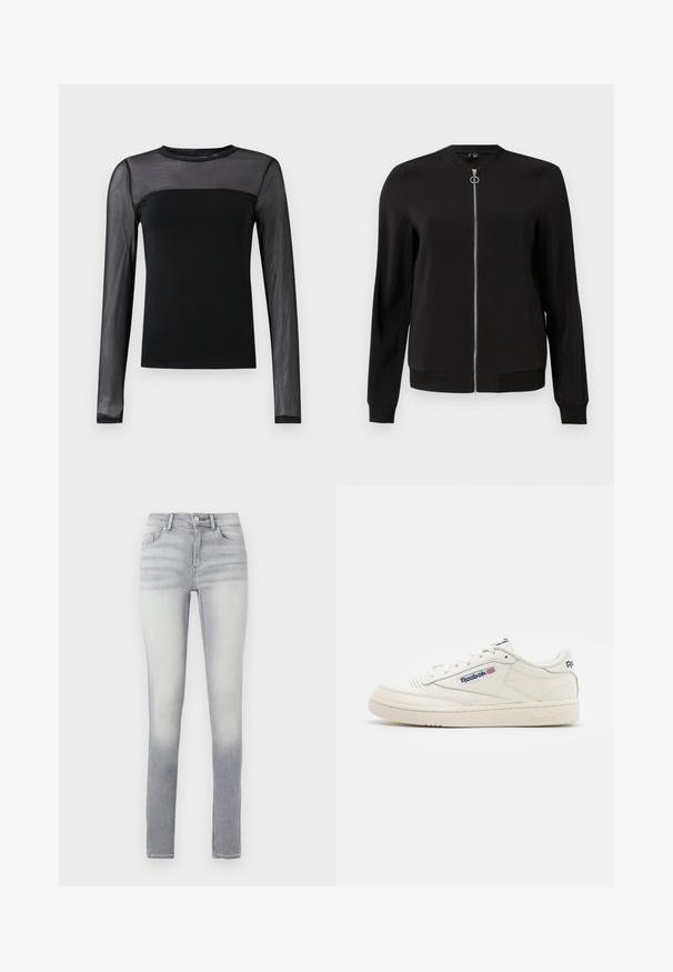 Veste bomber noire en tissu lisse, dotée d'une fermeture éclair à l'avant, de poignets côtelés et de poches latérales. Design simple et minimaliste sans motifs.; Haut noir à manches longues avec un corps uni et des manches en maille transparente, avec un col rond et une coupe ajustée.; Jeans skinny bleu clair avec un dégradé, comportant cinq poches, une fermeture à bouton à l'avant et un léger délavage au niveau de la cuisse.; Baskets blanches en cuir avec une semelle en caoutchouc texturée, bout arrondi et logo Reebok en bleu. Design minimaliste avec des accents cousus.