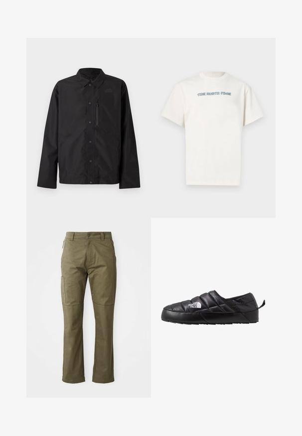 Sort button-up jakke med krave, lange ærmer, lynlåslommer på brystet og diskret logo på venstre bryst.; Hvid T-shirt med korte ærmer og rund hals, med lille blå "The North Face" tekst i boblebogstaver centreret på brystet.; Khaki cargo bukser lavet af slidstærkt bomuldsstof, med sidelommer, lige ben og lynlåsåbning med knaplukning.; Sort slip-on sko med et quiltet design, lavet af polstret materiale. Har en struktureret gummisål og et lille trækstrop bagpå.