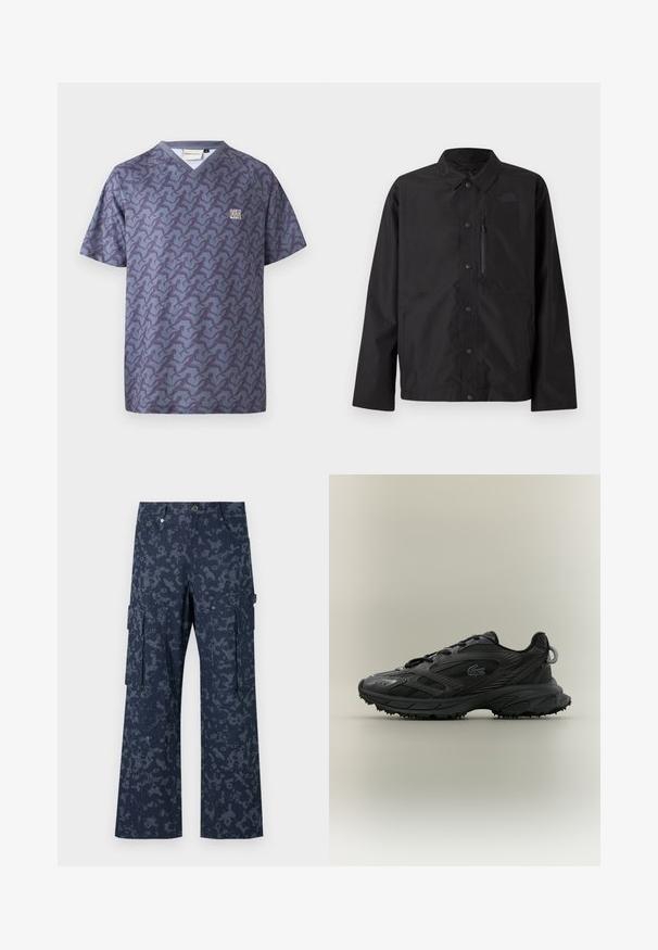 Zwarte button-up jas met kraag, lange mouwen, borstzak met rits en subtiele logo op de linker borst.; Cleptomanicx RELAY - T-shirt print - nightshadow blue; Sean John SCRIPT LOGO CAMOUFLAGE - Cargobroek - blue; Zwarte sportschoen met een gestructureerde bovenkant, elegante lijnen, vetersluiting en een rubberen buitenzool met gripnoppen. Geïmplanteerd logo detail.