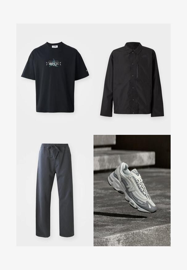 Schwarze Button-Up-Jacke mit Kragen, langen Ärmeln, Brust-Reißverschlusstasche und dezentem Logo auf der linken Brust.; Schwarzes Baumwoll-T-Shirt mit Rundhalsausschnitt, das ein türkisfarbenes Grafikdesign und Text auf der Vorderseite zeigt. Kurze Ärmel und lockere Passform.; Schwarze, elastische Hose mit einem Gummizug und Kordelzug, mit geradem Bein und glatter Textur. Keine sichtbaren Taschen oder Muster.; Weißer und grauer New Balance 1000 Sneaker schwebt über einer Betonfläche mit Treppen im Hintergrund.