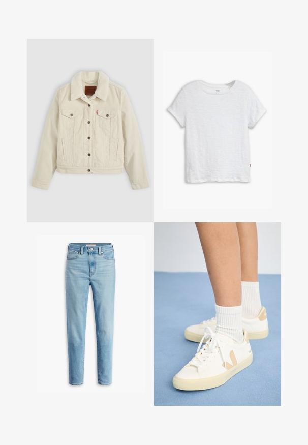 Crème denimjacket met een nepbont kraag, voorzien van twee borstzakken, een button-down sluiting aan de voorkant en subtiele verticale stikseldetails.; Witte kortere mouwen t-shirt van lichtgewicht katoen, met een ronde halslijn, een iets boxy vorm en een klein rood logo-label aan de zoom.; Lichtblauwe hoge taille spijkerbroek met voorzakken, riemlussen, knoopsluiting en taps toelopende broekspijpen op een witte achtergrond.; Witte sneakers met tan accenten, ronde neus en witte veters. Draag met geribbelde witte sokken, tegen een lichtblauwe achtergrond.