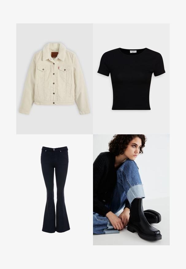 Creme denimjakke med en faux fur krave, der har to brystlommer, frontlukning med knapper og subtile lodrette syninger.; Sort kortærmet t-shirt lavet af glat bomuldsstof, med rund halsudskæring og en tætsiddende pasform. Minimalistisk uden synlige mønstre.; Udstoppede mørkeblå jeans lavet af denim, med høj talje, fem-lomme design og knaplukning med sølv nitter.; Sorte ankelstøvler med elastiske sidepaneler, tyk sål og firkantet tå. Båret med slidte blå jeans med en frynset kant.