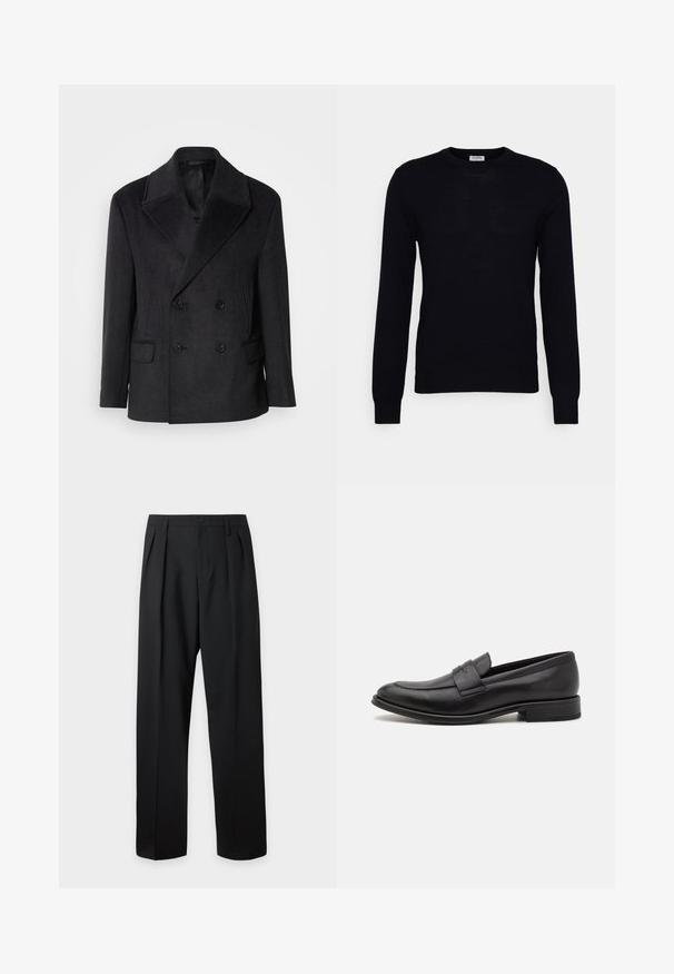 Manteau noir croisé en laine, avec des revers larges, deux poches avant et six boutons à finition mate. Texture lisse.; Pull noir à manches longues en tricot doux. Encolure ronde, poignets et ourlet côtelés. Design minimaliste sans motifs ni boutons visibles.; Pantalon noir taille haute, sur-mesure, avec passants pour ceinture, plis sur le devant, fermeture par bouton et jambes droites larges sur fond clair.; Mocassin en cuir noir avec une finition lisse, une sangle décorative sur le dessus, un bout rond et un petit talon empilé.