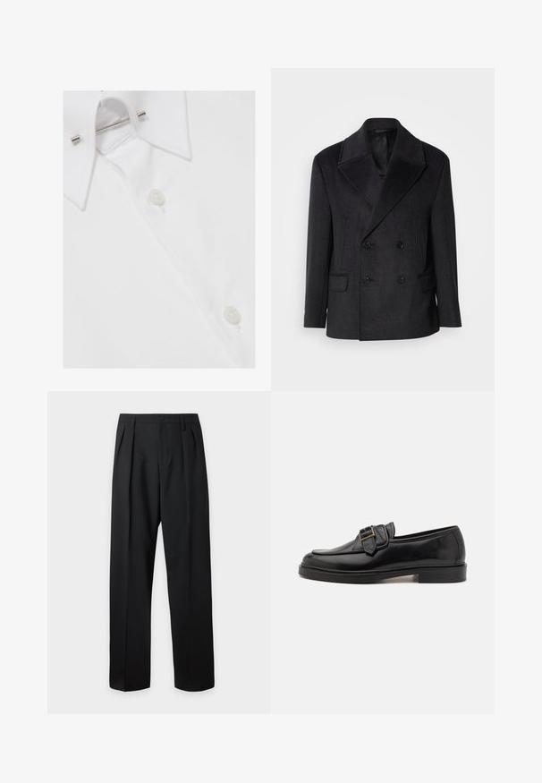Manteau noir croisé en laine, avec des revers larges, deux poches avant et six boutons à finition mate. Texture lisse.; Col de chemise blanche avec renforts métalliques et deux boutons visibles sur un fond en tissu lisse.; Pantalon noir taille haute, sur-mesure, avec passants pour ceinture, plis sur le devant, fermeture par bouton et jambes droites larges sur fond clair.; Mocassins en cuir noir avec un bout arrondi et une boucle décorative. Talon plat, solide et texture lisse sur l'ensemble.