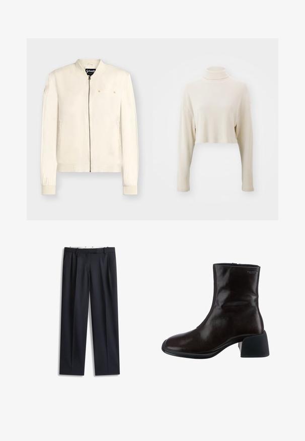 Off-White Bomberjacke mit Frontreißverschluss, gerippten Bündchen, Seitentaschen und kleinen gestickten Aufnähern auf Brust und linkem Ärmel.; Gekürzter Rollkragensweater aus weichem beigen Rippenstoff, mit langen Ärmeln und lockerer Passform, ohne sichtbare Muster oder Akzente.; Schwarze, maßgeschneiderte Stoffhosen mit Gürtelschlaufen, Falten und Vordertaschen, flach auf weißem Hintergrund dargestellt.; Vagabond ANSIE - Stiefelette - braun