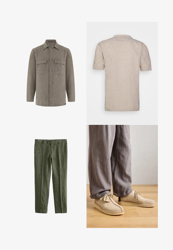 Herre langærmet grå skjortejakke med knapper, spids krave og to brystlommer med klap.; Kortærmet beige linned skjorte med krave, der har et tekstureret stof og lige kant, uden synlige mønstre eller accenter.; Next SIGNATURE - REGULAR FIT - Bukser - olive green; Beige ruskindssko med rund tå, snørredetaljer og sømme, parret med løse grå linnedbukser på et trægulv.