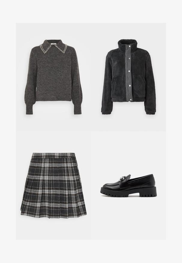 Chaqueta de forro polar negra con cuello alto, cierre de botones a presión y dos bolsillos frontales, mostrada sobre un fondo blanco liso.; Suéter gris oscuro de punto texturizado, con un collar adornado con acentos de perlas y mangas abullonadas, puños acanalados y dobladillo.; ONLY ONLCHELSEA - Falda plisada - black/white; Mocasines de cuero negro con una suela gruesa y estriada y un acento de hebilla metálica en la correa. Textura suave, diseño clásico.