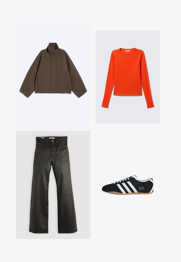 Chaqueta de lana verde oliva con cuello alto, mangas largas, bolsillos frontales y cierre con cremallera oculta.; Camiseta de manga larga y cuello redondo en color naranja brillante, confeccionada en suave algodón, con un corte recto y diseño sencillo.; Pantalones de mezclilla anchos negros con una textura suave, que presentan cinco bolsillos y detalles en metal color cobre. Cierre clásico con botón.; Zapatillas de ante negro con tres franjas blancas, logotipo dorado y suela de goma marrón. Presentan un diseño de cordones de perfil bajo.