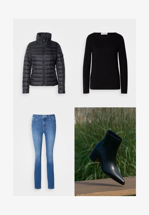 Doudoune noire avec col montant, fermeture éclair, design matelassé horizontal et texture lisse. Dispose de poches latérales et d'une silhouette ajustée.; Pull à manches longues noir avec col rond, fabriqué en tissu doux avec une texture côtelée et une silhouette droite. Il présente une discrète étiquette logo au col.; Jean en denim bleu avec une coupe slim, cinq poches et un motif légèrement délavé. Fabriqué à partir d'un tissu doux et extensible, avec une fermeture à bouton standard.; Bottine noire en cuir avec un bout pointu et un talon bloc reposant sur une surface en bois, avec une herbe verte haute en arrière-plan.