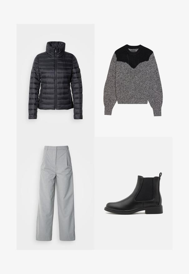 Sort pufferjakke med høj krave, lynlås lukning, horisontal quiltet design og glat tekstur. Har sidelommer og en tætsiddende silhuet.; Strikket sweater i sort og grå. Har en tekstureret sort yoke og et v-formet design. Lange ærmer med ribbede manchetter; blød, chunky tekstur.; Grå bredebukser lavet af tekstureret stof, med høj talje, læg foran og en lige pasform ned til kanten.; Sort læder Chelsea-boot med elastiske sidepaneller, rund tå og en lav blokhæl. Glat tekstur og minimalistisk design.