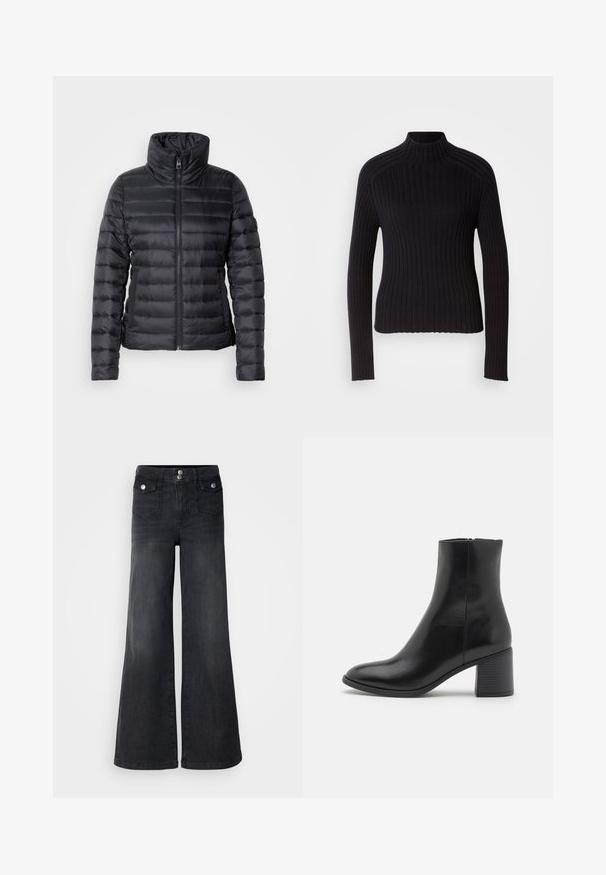 Schwarze Steppjacke mit hohem Kragen, Reißverschluss, horizontalem Steppmuster und glatter Textur. Verfügt über seitliche Taschen und eine figurbetonte Silhouette.; Schwarzer gerippter Rollkragenpullover mit langen Ärmeln, tailliertem Design und strukturierter Oberfläche. Hergestellt aus einem dehnbaren Strickstoff.; Schwarze Denim-Jeans mit weitem Bein und hoher Taille, mit vorderen Knöpfen und zwei Vordertaschen; glatte Textur mit leichtem Verwaschungsfinish.; Schwarze Lederstiefelette mit abgerundetem Zehenbereich, mittelhohem Blockabsatz und glatter Oberfläche. Verfügt über einen dezenten seitlichen Reißverschluss.