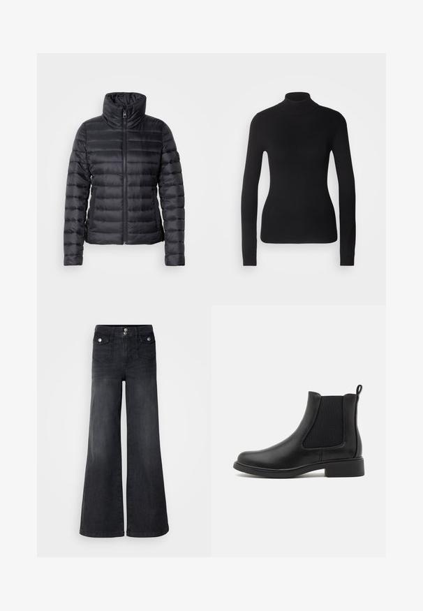 Doudoune noire avec col montant, fermeture éclair, design matelassé horizontal et texture lisse. Dispose de poches latérales et d'une silhouette ajustée.; Pull à col roulé noir en maille légère. Il possède des manches longues, une coupe ajustée et une texture côtelée douce.; Jean large en denim noir avec taille haute, boutons sur le devant et deux poches avant ; texture lisse avec une légère finition décolorée.; Bottines Chelsea en cuir noir avec des panneaux latéraux élastiques, bout arrondi et un petit talon en bloc. Texture lisse et design minimaliste.