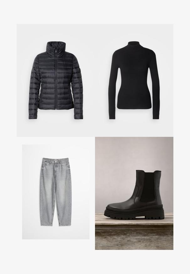 Sort pufferjakke med høj krave, lynlås lukning, horisontal quiltet design og glat tekstur. Har sidelommer og en tætsiddende silhuet.; Sort turtleneck sweater lavet af let strikket stof. Har lange ærmer, et tætsiddende design og en blød ribbet tekstur.; Lysegrå denimjeans med høj talje, lige ben, fem lommer og en falmet finish, med synlige syninger og knaplukning.; Sort læder ankelstøvle med en kraftig sål, elastiske sidepaneler og en glat overflade. Elevaret design med kontrasterende såldetalje.