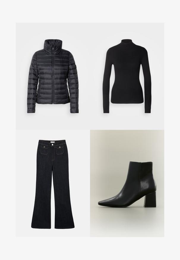 Sort pufferjakke med høj krave, lynlås lukning, horisontal quiltet design og glat tekstur. Har sidelommer og en tætsiddende silhuet.; Sort turtleneck sweater lavet af let strikket stof. Har lange ærmer, et tætsiddende design og en blød ribbet tekstur.; Sorte denim jeans med høj talje, flared ben, to frontlommer og orange syninger. Materialet ser solidt og glat ud.; Sort læderankelstøvle med spids tå og chunky blokhæl mod en ensartet lys baggrund.