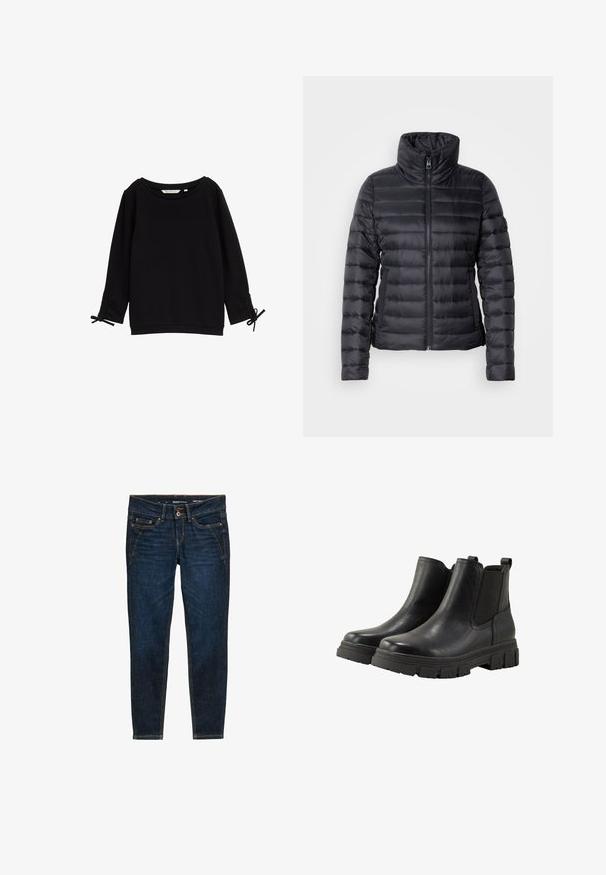 Sort pufferjakke med høj krave, lynlås lukning, horisontal quiltet design og glat tekstur. Har sidelommer og en tætsiddende silhuet.; Sort tekstureret sweatshirt med bred halsudskæring, lange ærmer og justerbare snore ved manchetterne. Blødt stof, minimalistisk design.; Mørkeblå denim jeans med slim fit, der har orange syninger, fem lommer og en knaplukning i taljen.; TOM TAILOR Ankelstøvler - black