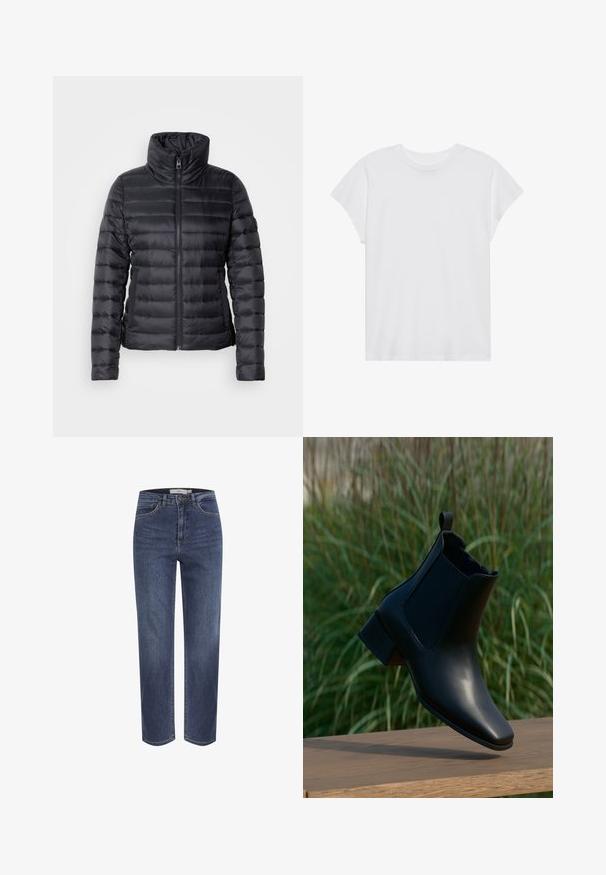 Schwarze Steppjacke mit hohem Kragen, Reißverschluss, horizontalem Steppmuster und glatter Textur. Verfügt über seitliche Taschen und eine figurbetonte Silhouette.; Weißes kurzärmliges T-Shirt mit Rundhalsausschnitt, lockerer Passform, aus weichem Baumwollstoff. Glatte Textur, keine Muster oder Logos.; Blaue Jeans mit geradem Bein, vorderen Taschen, Gürtelschlaufen und Knopfverschluss, dargestellt vor weißem Hintergrund.; Schwarzer Lederstiefelette mit Blockabsatz, balanciert auf einer Holzoberfläche, grüner Hintergrund mit hohem Gras.