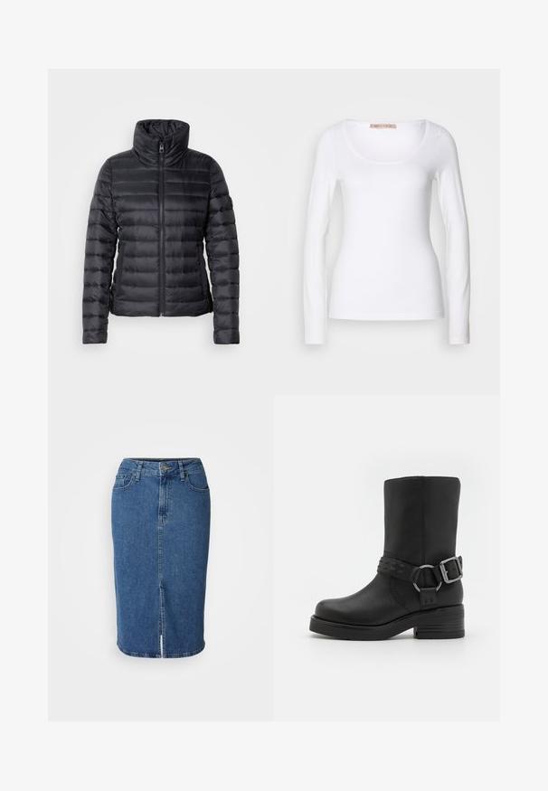Doudoune noire avec col montant, fermeture éclair, design matelassé horizontal et texture lisse. Dispose de poches latérales et d'une silhouette ajustée.; T-shirt en coton blanc à manches longues, avec un col rond et une coupe ajustée, au toucher doux et sans ornement.; Jupe en denim de bleu moyen, longueur genoux, design ajusté avec une fente à l'avant. Comprend cinq poches et une fermeture à boutons avec passants de ceinture.; Botte cheville en cuir noir avec un bout rond, un talon épais et une sangle décorative à boucle autour de la cheville. Fini texturé.