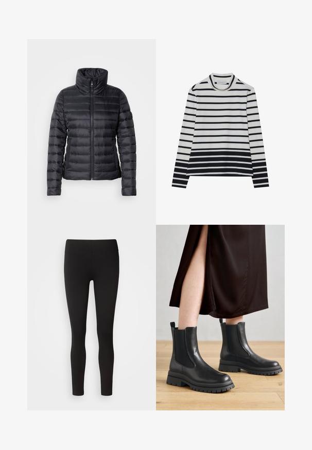 Schwarze Steppjacke mit hohem Kragen, Reißverschluss, horizontalem Steppmuster und glatter Textur. Verfügt über seitliche Taschen und eine figurbetonte Silhouette.; Langärmliges Oberteil aus Baumwolle, mit horizontalen schwarz-weißen Streifen, hohem Stehkragen und einer entspannten Passform mit seitlichen Schlitzen.; Schwarze Leggings aus elastischem Stoff mit nahtlosem Bund, figurbetontem Design und glatter Textur, geeignet für verschiedene Aktivitäten.; Schwarze Leder-Stiefeletten mit elastischen Seitenpaneelen, groben Gummisohlen und Laschen an der Ferse; kombiniert mit einem dunkelbraunen Midikleid.
